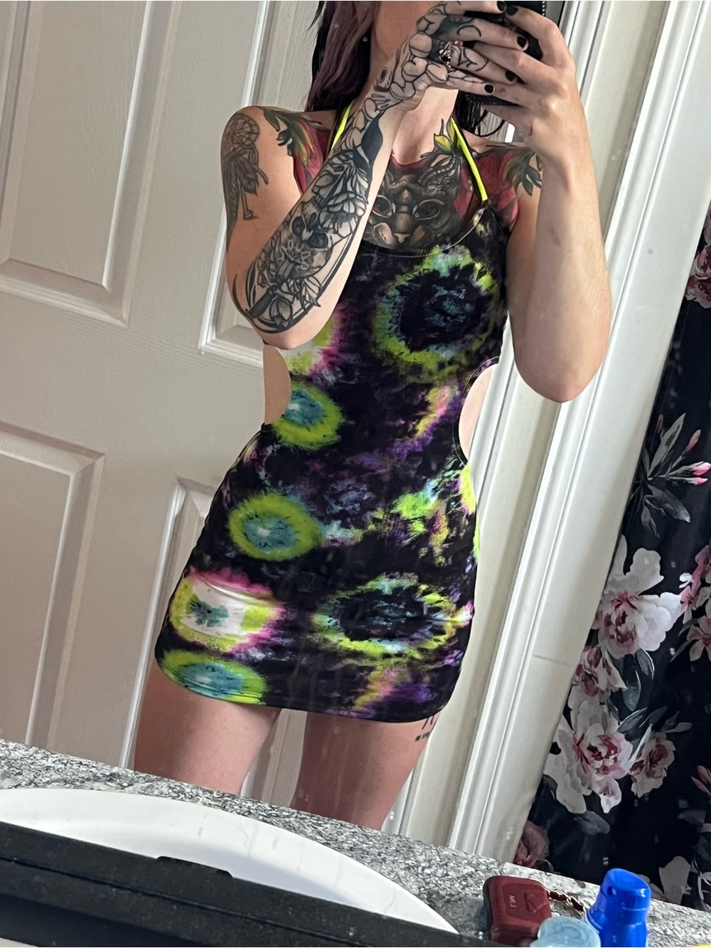 Dolls Kill Neon Tie-Dye Cutout Mini Dress - Black & Neon